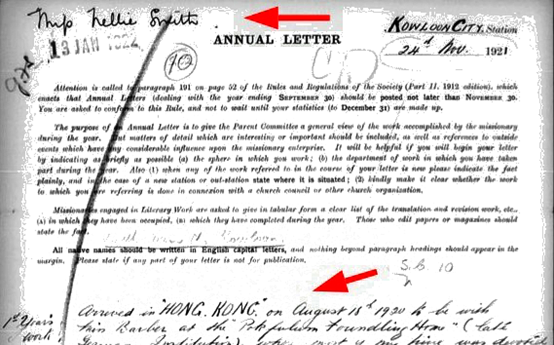 Images/Content-4-2/Content [4-2] 00003A.jpg@Annual Letter to CMS stating that she arrived Hong Kong 1920